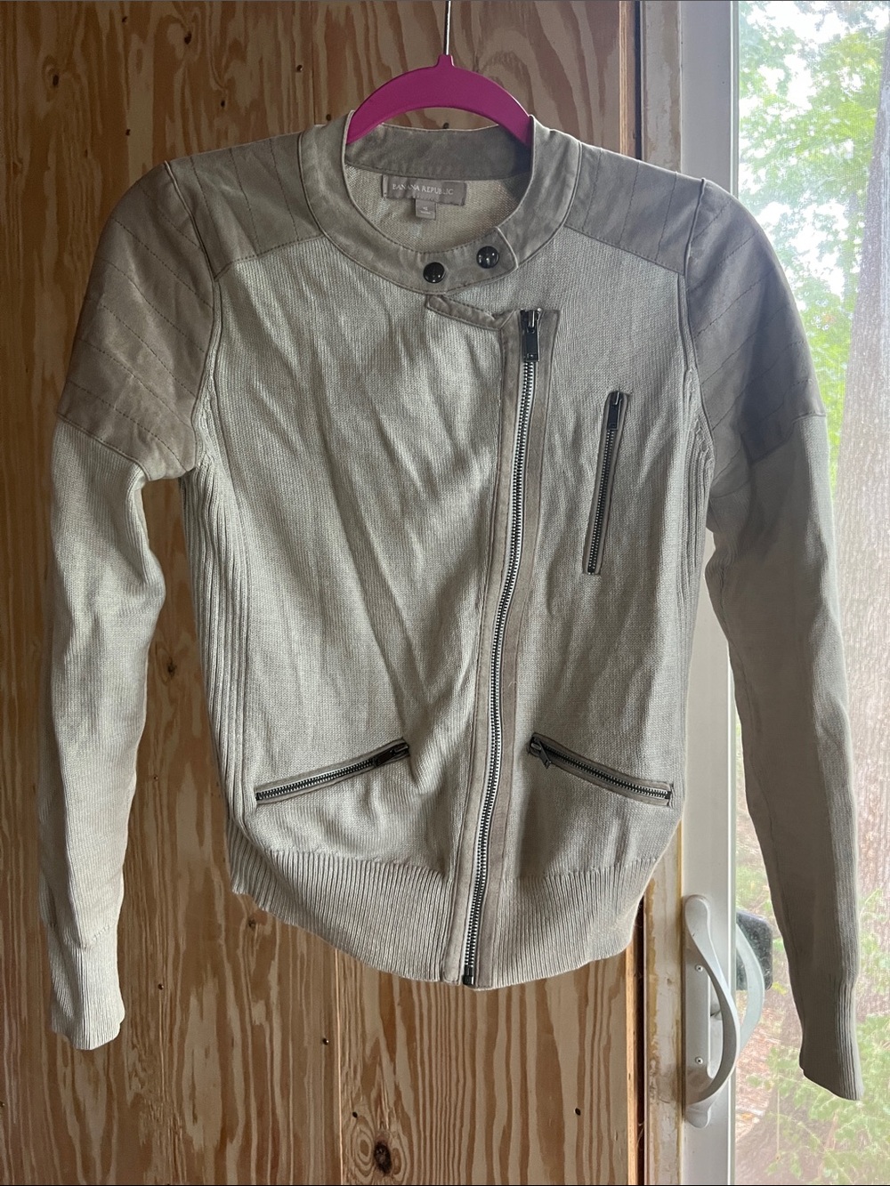 Banana Republic Light Beige Zip-Front Moto Knit Sweater Jacket